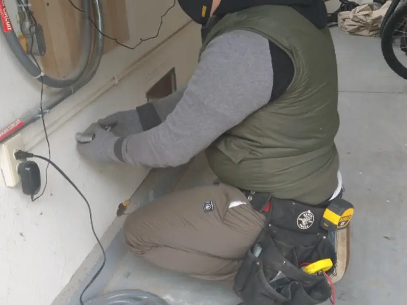 Electrician performing outlet wiring in a Onondaga garage